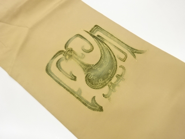 Nagoya obi with abstract bird design in shiose gold